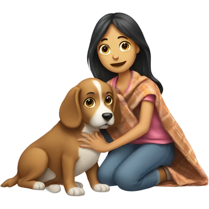 Girl petting a dog with a blanket on it emoji