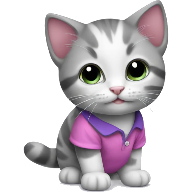 A gray and white kitten wearing a pink and purple shirt is holding a fis emoji