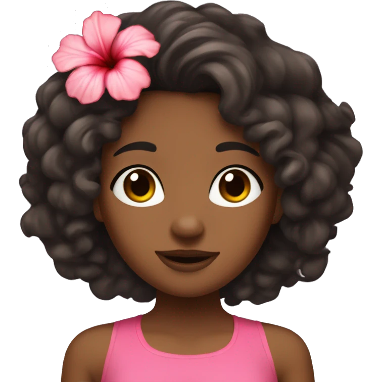 Brown skinned girl with long dark curly hair, a hibiscus flower, and a pink halter top shirt. emoji