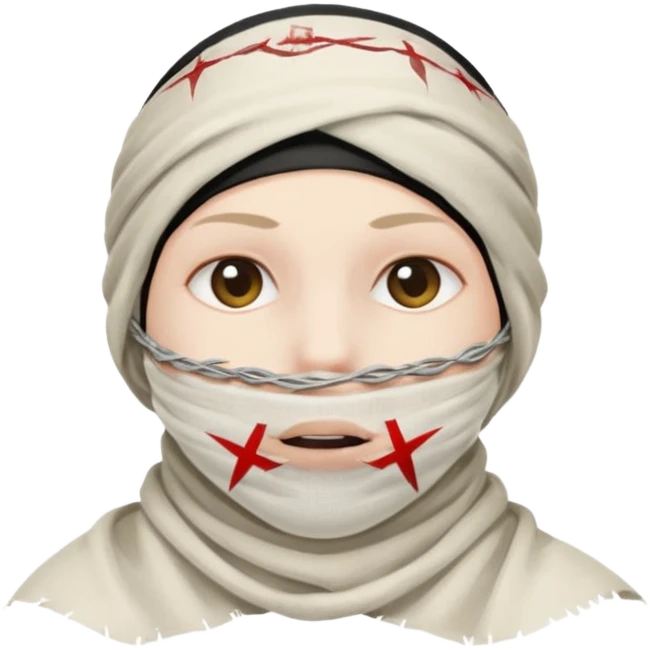 Head wrapped in gauze, mouth sealed with barbed wire. emoji