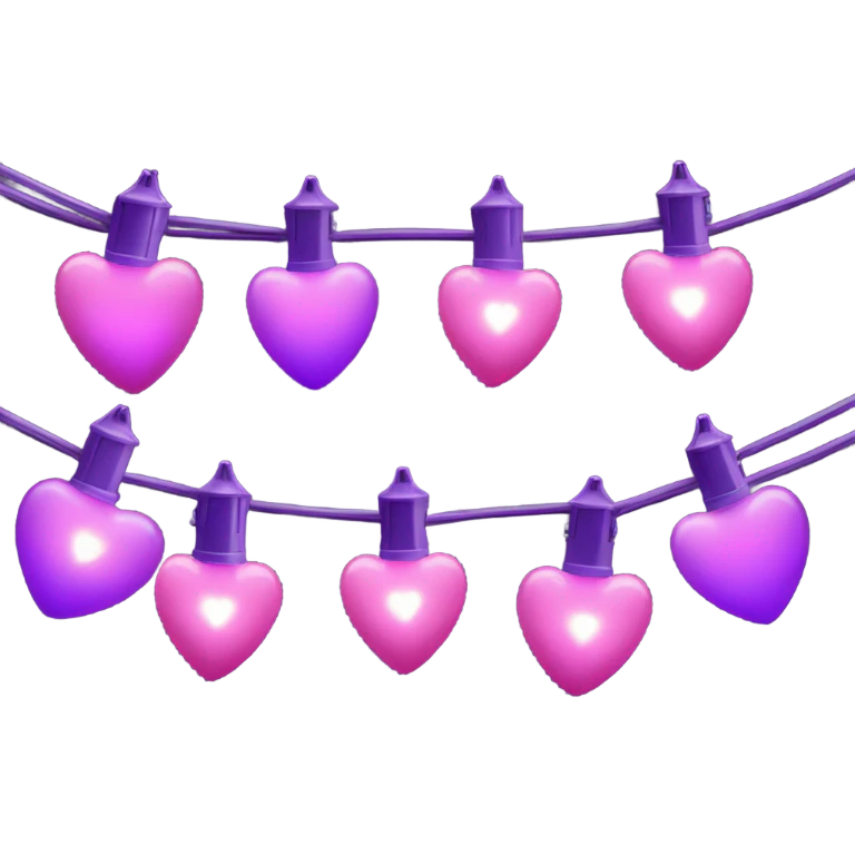 Realistic string lights with pink and purple bulbs in the shape of a heart and a power plug in on the end of the lights. emoji