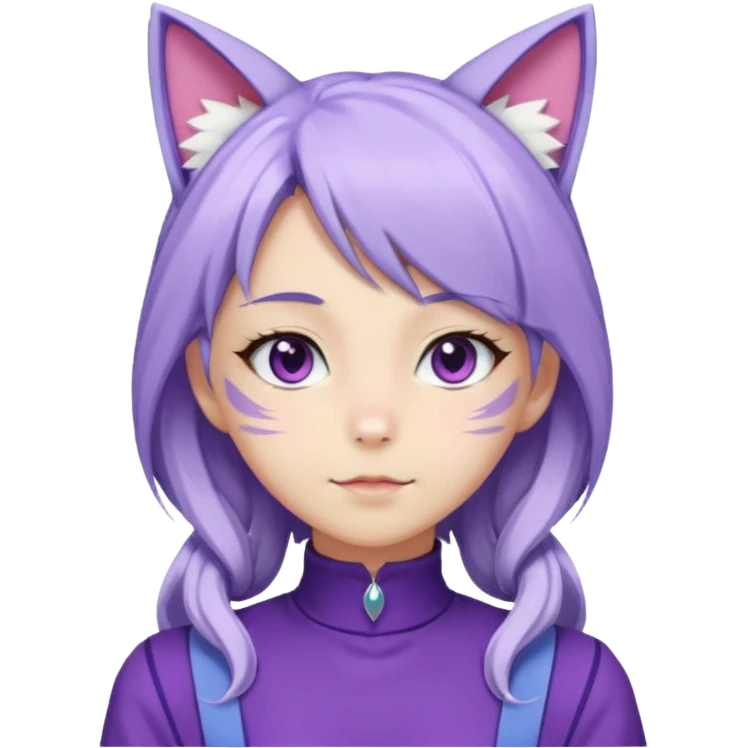 female anime character with long white and periwinkle hair and cat ears on her head. She is wearing a purple outfit with a high neckline and long sleeves.  emoji