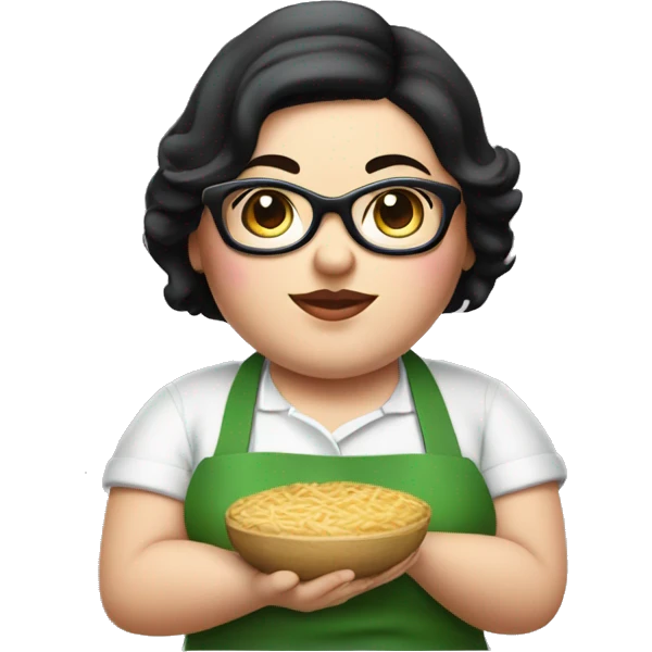 chubby lady with black hair green apron  with glasses cooking  emoji