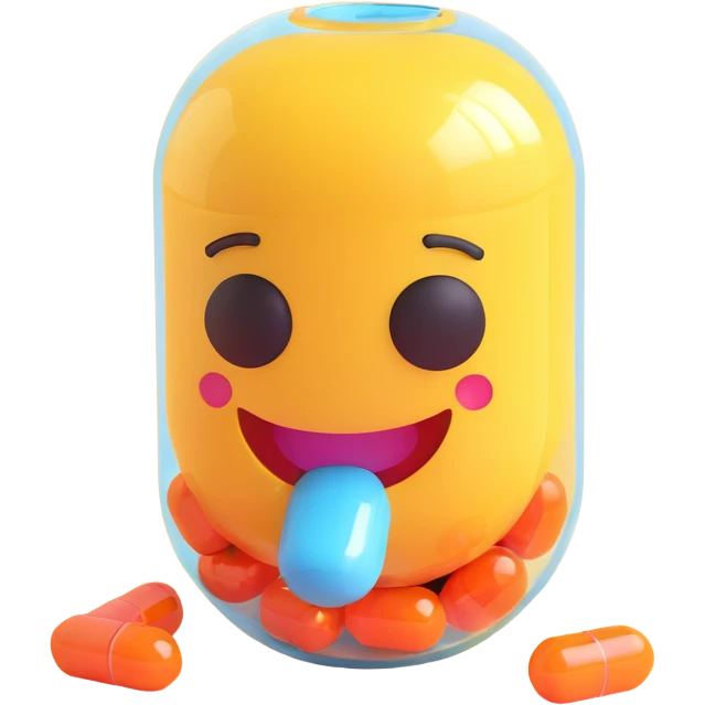 cute and healthy probiotic emoji in pill or capsule form with a smiling face, bright and refreshing colors emoji