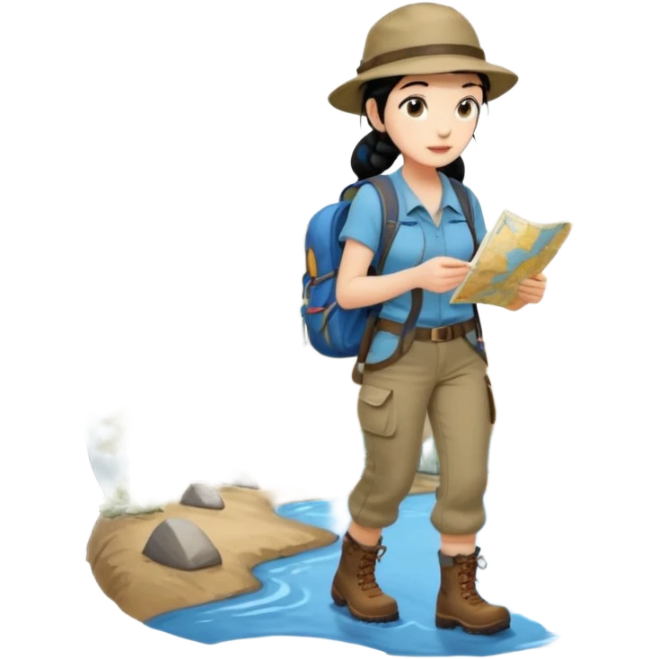 A braid black hair backpacking woman checking her map with curious eyes while walking wear camping hat and dirt covered boots full body emoji