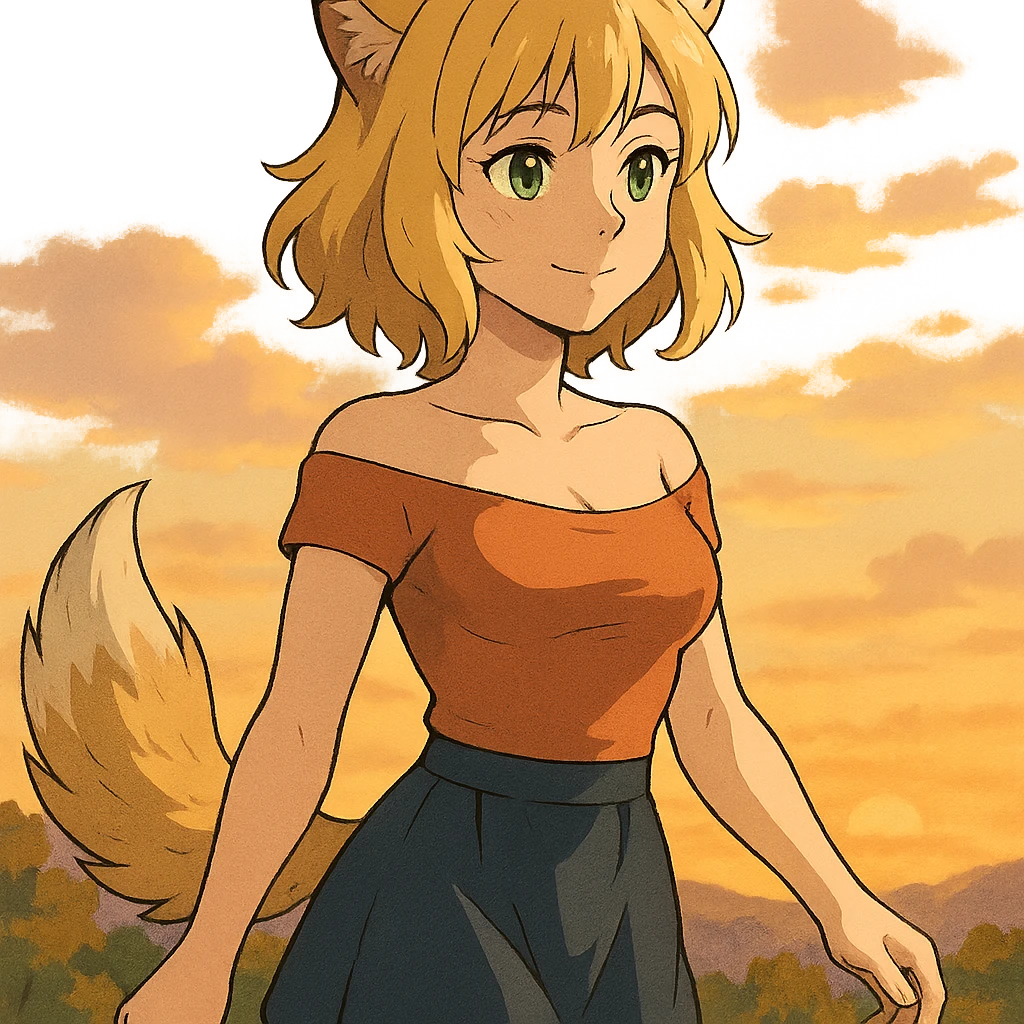 anime style furry girl with wolf ears and tail, short blonde hair, green eyes, hourglass body, walking at sunset, gentle smile, ghibli style emoji