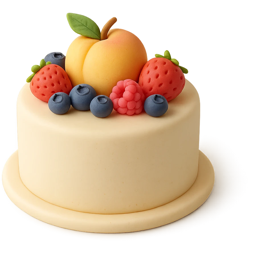 round fondant cake with fruit toppings emoji