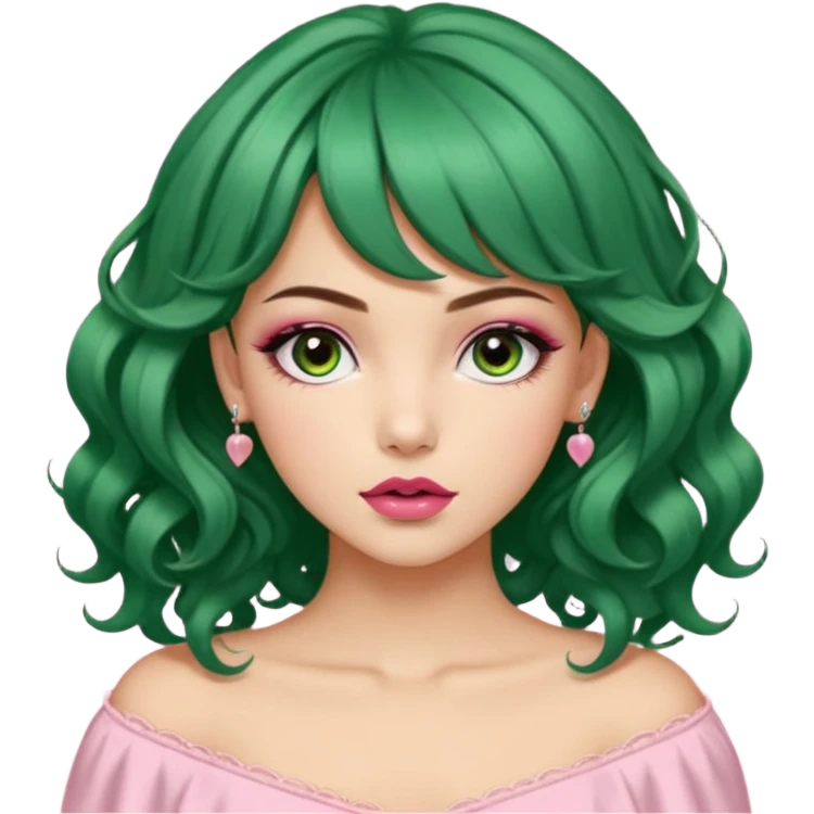 Una chica de cabello marrón con ojos de un verde acaramelado labios rosados cabello suelto con ondas un fleco corto en medio y otros dos a los lados en modo fleco cortina dos mini coletitas a los lados con lazitos  emoji