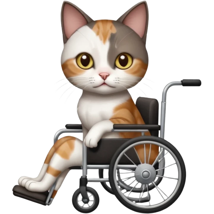 full body small short hair dark brown and white cat with hazel eyes walking in a wheelchair for cats emoji