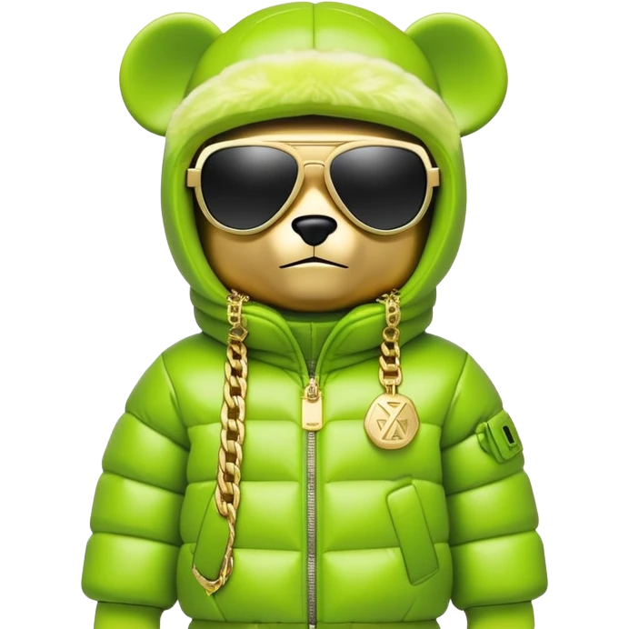 geometric bearbrick in lime balaclava with brand logos, luxurious puffy winter jacket with fur collar, futuristic one-piece shield sunglasses, multiple gold chains, hip hop style emoji