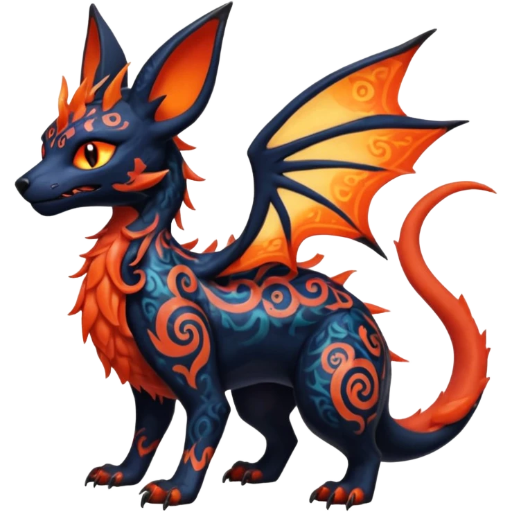 Shiny Fiery Dark Ugly Evil Realistic Glowing Eldritch Horror Cool Edgy Badass Emo Demonic Batty Dusky Ethereal Punky Aural Fluorescent Bioluminescent Hideous Canine-Litten-Amaura-Salandit-Noibat-Flareon-Fakémon-fusion (full body) with intricate pattern markings emoji