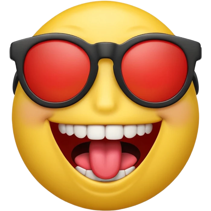 3D emoji character with bright yellow face, wide open smile showing white teeth and red tongue, raised brown eyebrows, and black sunglasses, rendered in a playful and glossy style on transparent background emoji