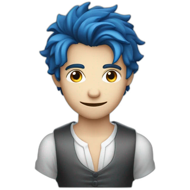 Un garçon qui sourit avec des dent de vampire les cheveux degradé bleu et pas de corps emoji