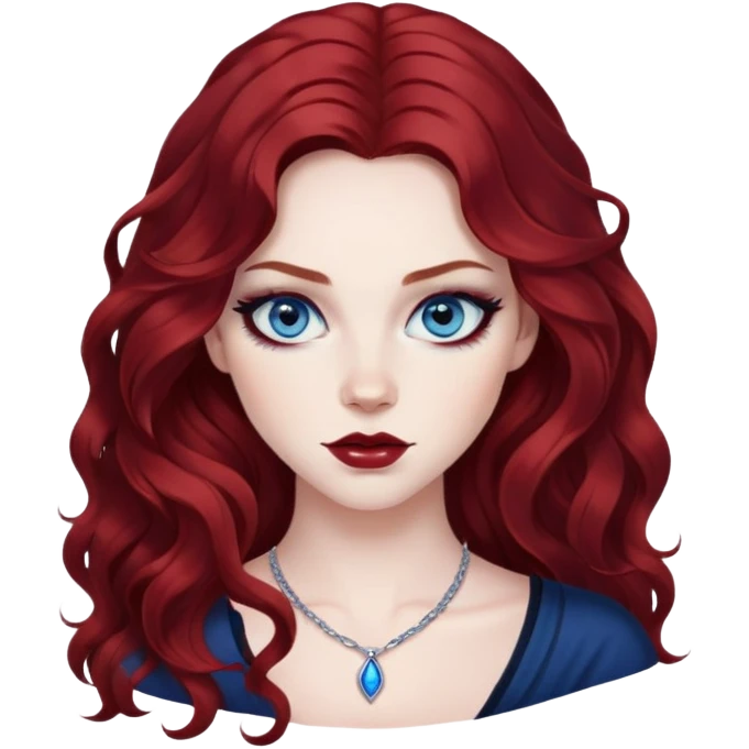 pretty baddie, dark red wavy hair, pale skin, long hair, blue eyes, bold black eyeliner emoji