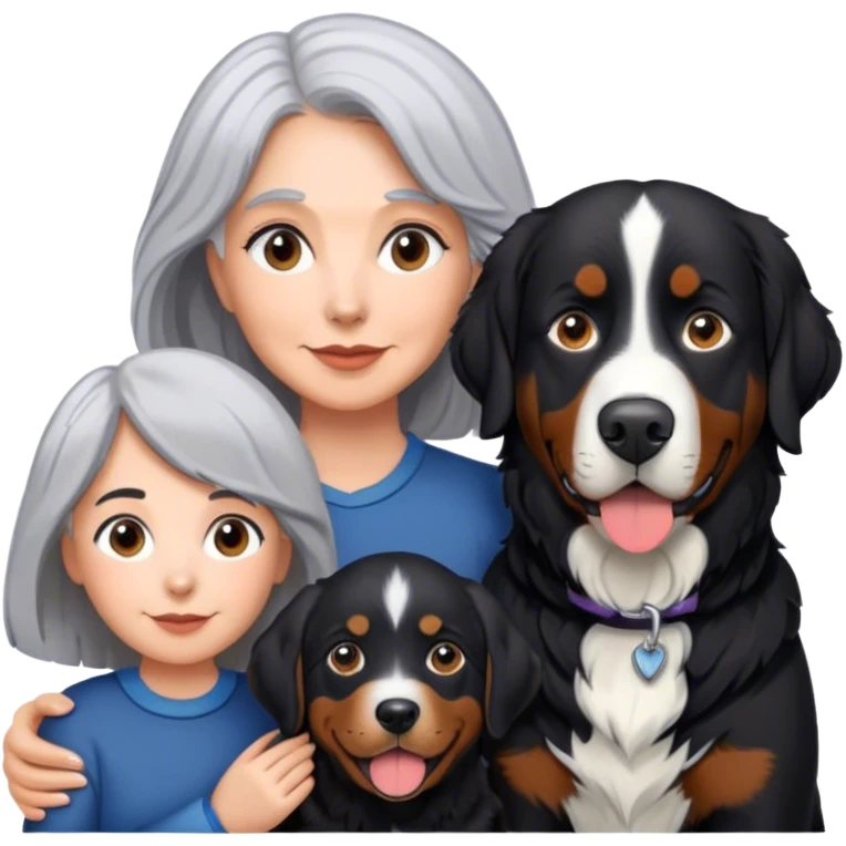 Gray hair Woman with black lab and Bernese mountain dog emoji