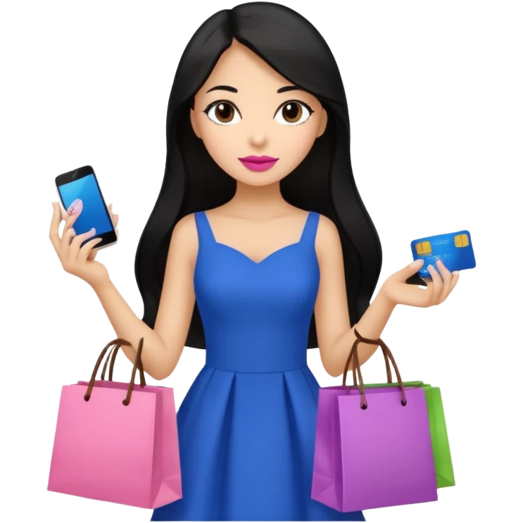 Girl with long black hair, pink lipstick, brown eyes on the phone holding shopping bags and blue credit card emoji
