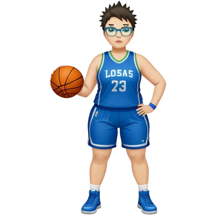 full body white plus size women basketball player with short spiky dark hair with added blond highlights wearing blue glasses wearing green and blue uniform emoji