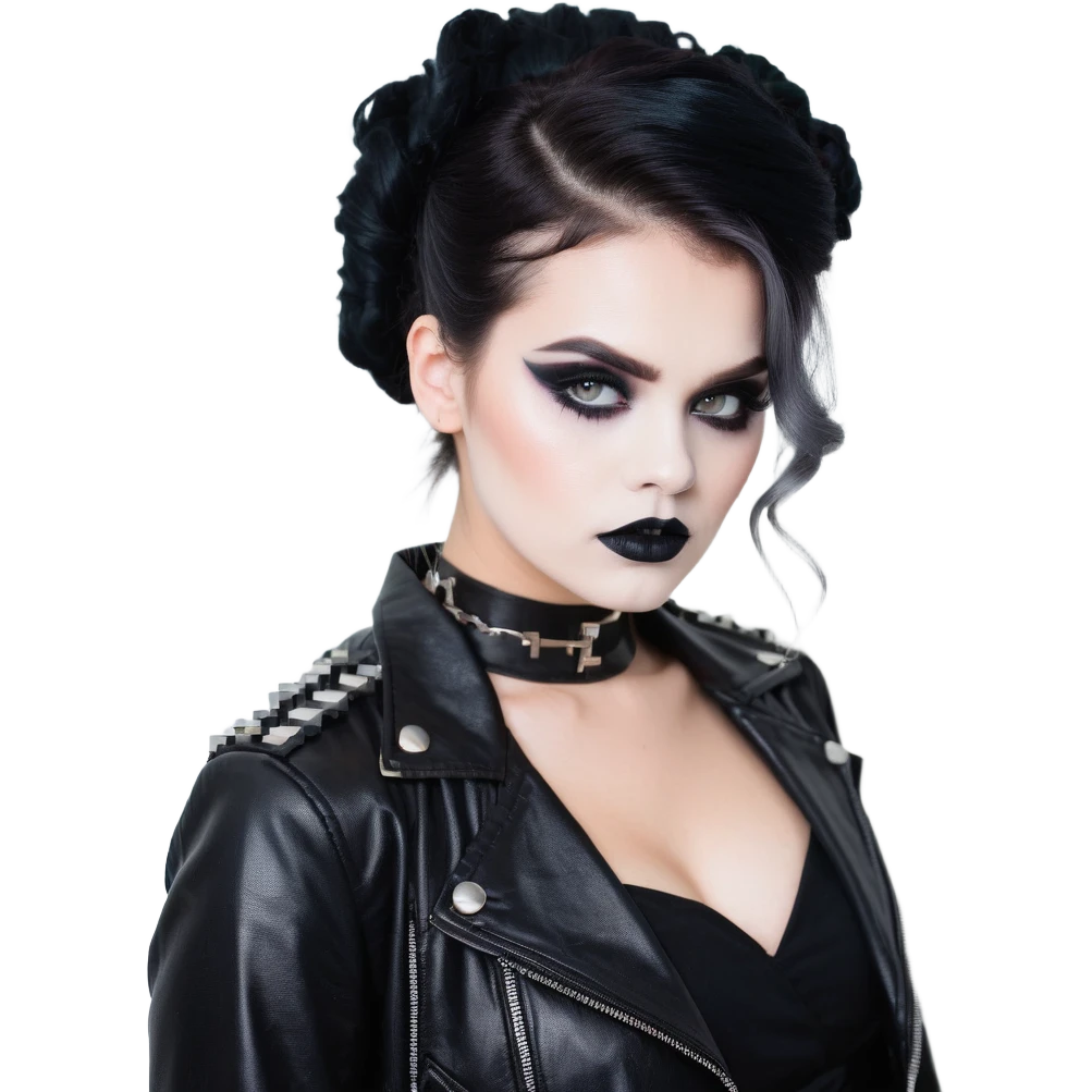 Chucky's bride with black lipstick, black dress, leather jacket, and smoky eye makeup emoji