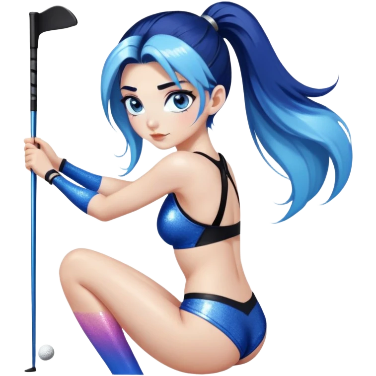 very very very large chest-shy face-on knees-very long straight flowing dark blue to light blue hair ombre all hair in a high ponytail and-blue eyes-black eyeliner-long eyelashes-iridescent sting bikini top with glitter superman logo-playing golf emoji