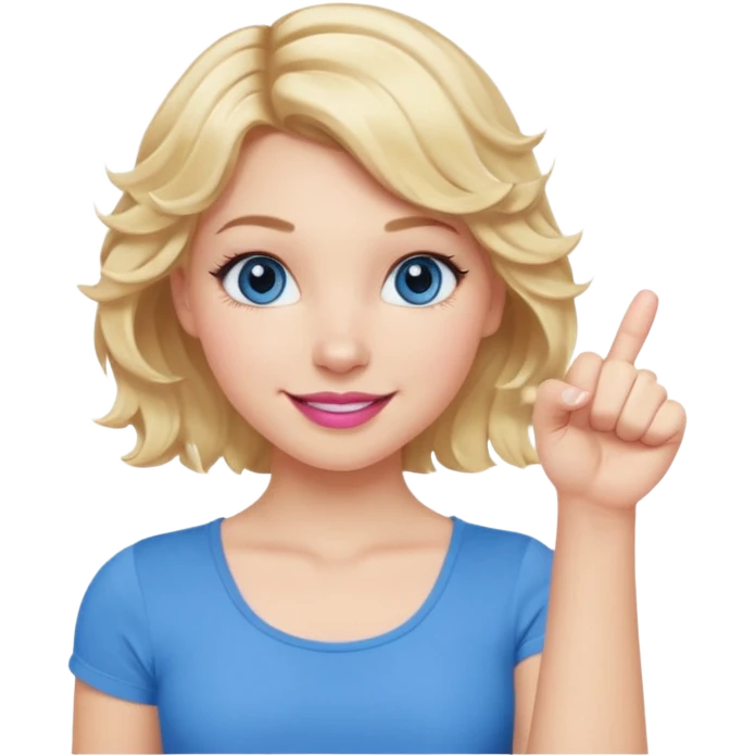 Girl Blonde short wavy hair,  blue eyes, cute blue top, long lashes, pink lips, smiling, 👊🏻 emoji