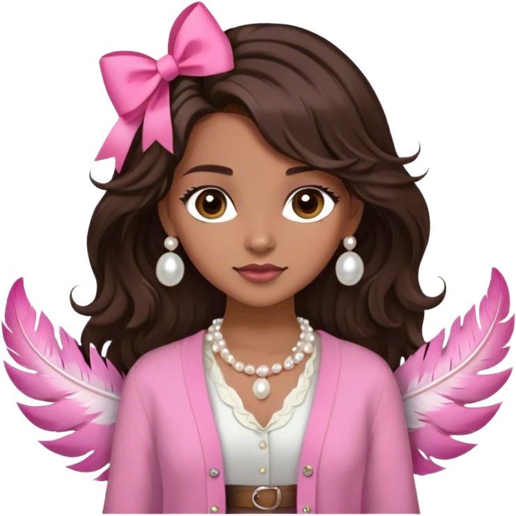 light brown skinned girl, long really dark brown wavy but looks straight hair, dark brown eyes, feather hair cut, light natural makeup, long lashes, wearing a pearl necklace and pink cardigan over a white shirt with a small pink bow, with a white skirt and a pink belt emoji
