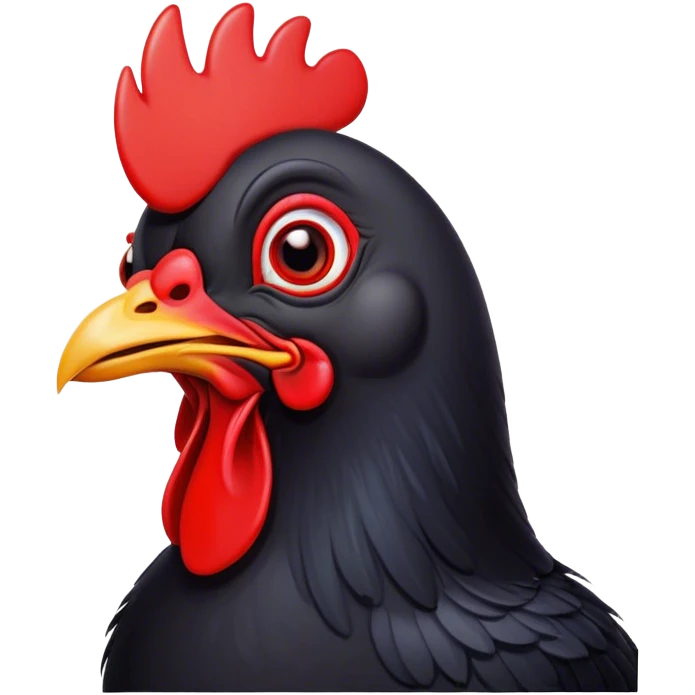 Cinematic Comical Black Chicken Portrait Emoji, Head tilted dramatically with an exaggeratedly amused expression, featuring a sleek, glossy black plumage with a bold red comb, wide, expressive beady eyes filled with playful disbelief, Simplified yet hilariously expressive features, highly detailed, glowing with a slightly sassy glow, high shine, dramatic yet playful, stylized with an air of cheeky mischief, bright and endearing, soft glowing outline, capturing the essence of a spirited and over-the-top chicken, so meme-worthy it feels like it could cluck its way into internet fame instantly! emoji