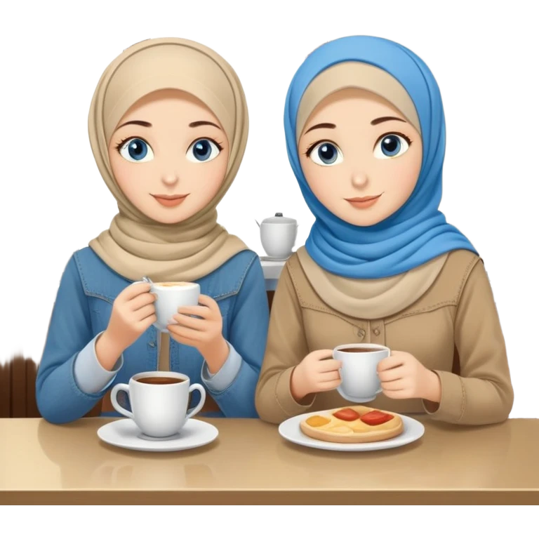 Turkish beautiful finish Konya two girls blue eyes with beige denim hijab islamic dress and make breakfast in coffeehouse emoji
