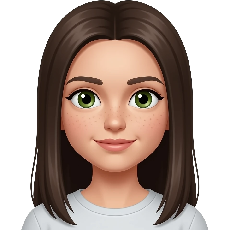 haz una chica con ojos verdes y marrones con pelo liso i castaño muy oscuro muy largo, con pecas y pelo largo emoji