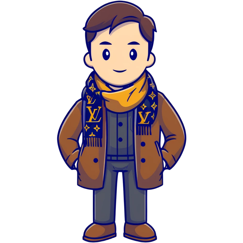 elegant man wearing Louis Vuitton coat and scarf with the iconic LV monogram emoji