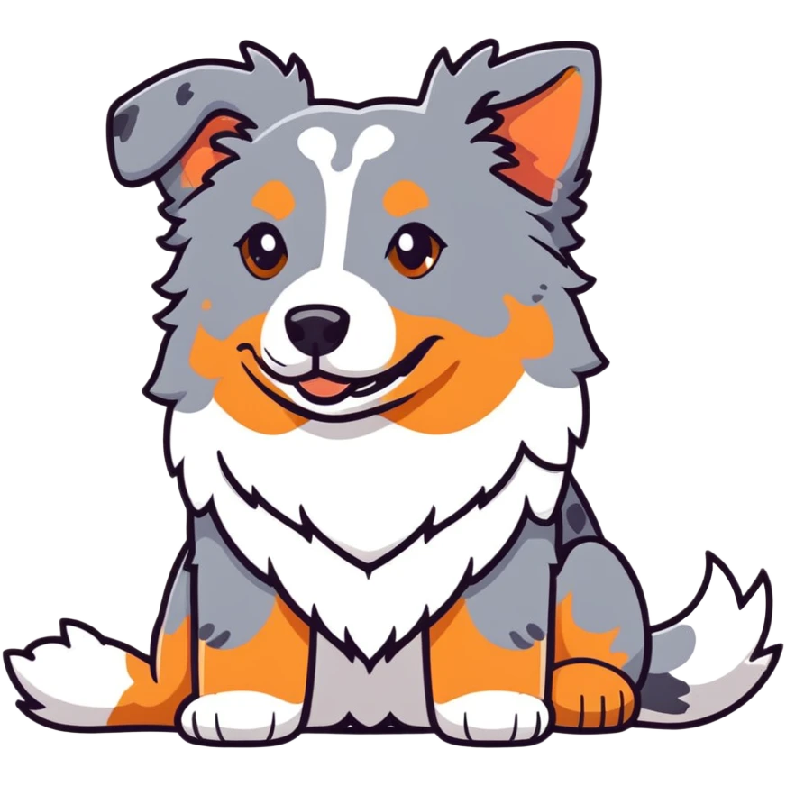 Merle Australian Shepherd dog laying down, spotted blue merle coat, fluffy fur emoji