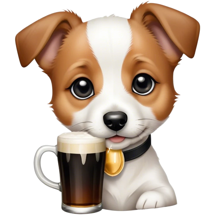 Black and white Jack russle puppy. White face. Black pointy floppy ears. Black circles around eyes. Drinking a Guinness beer. The dog does not have brown hair emoji