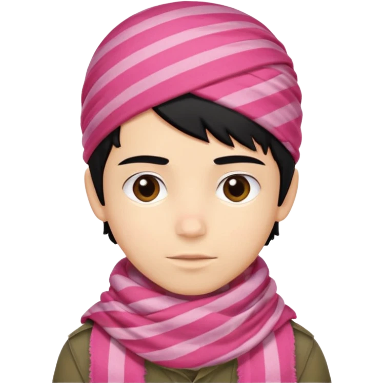 Emoji de un chico con turbante árabe que el chico sea de color piel clara y que tenga cabello negro y de fondo blanco y que tenga un pañuelo árabe de color rojo y con rayas rosas emoji