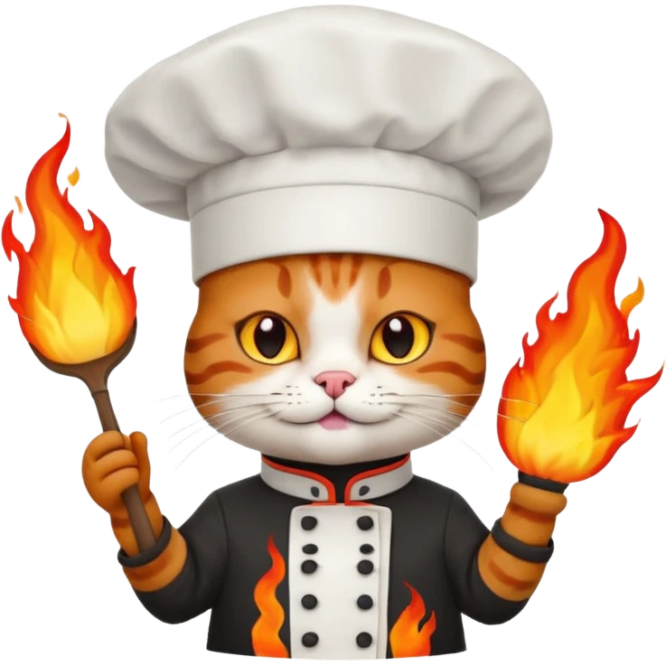 black chef cat wearing a tall white chef hat, burning hat emoji