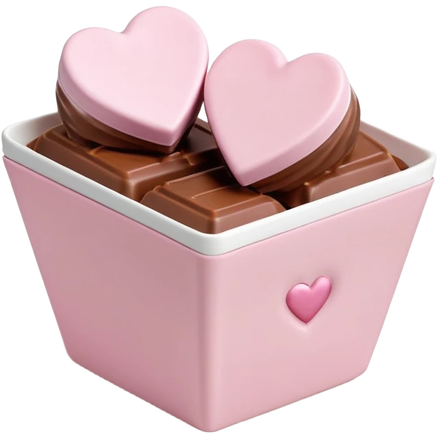 Two glossy square milk chocolate pralines placed diagonally, each in a white ridged paper cup, topped with a soft pastel pink heart icing with subtle sugar sparkle.
Cute minimal emoji-style, realistic and polished, clean studio lighting, pure white background, smooth 3D render, high resolution. emoji