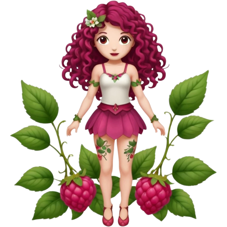 full body woman long curly brown hair brown eyes white skin tattoos muscular build raspberry fairy outfit, petal skirt, thigh vines emoji