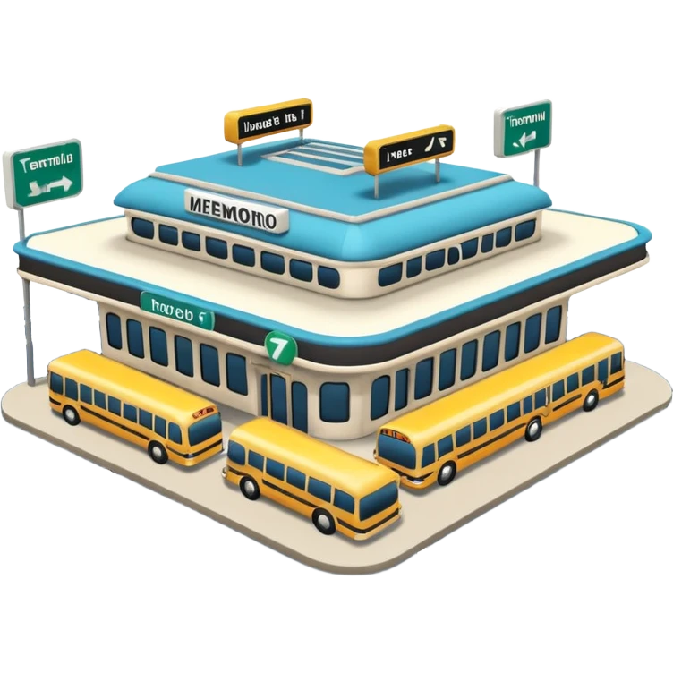 A 3D cartoon bus terminal with multiple buses parked, roofed structure, and directional signs, Memoji-style. emoji