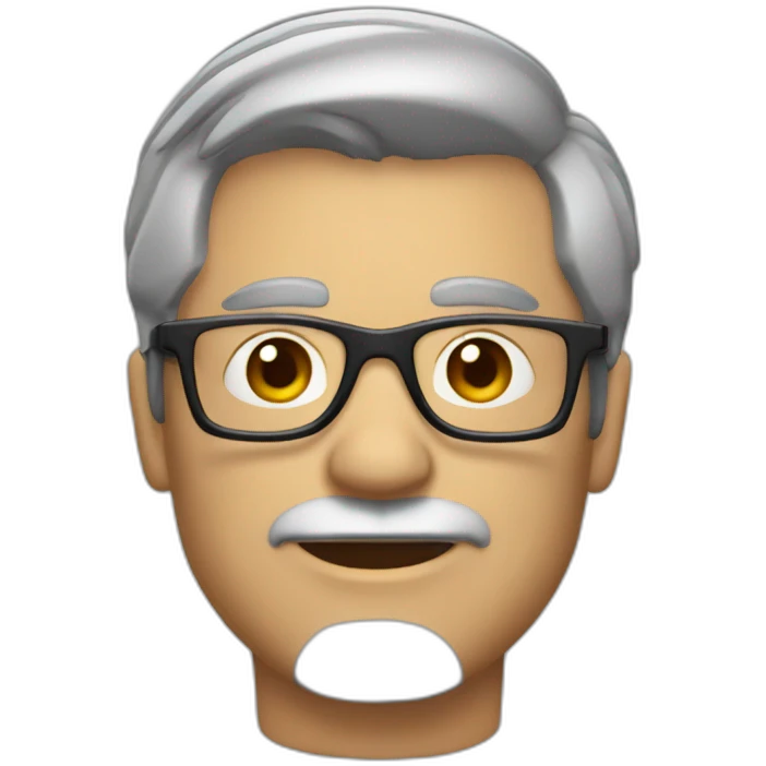unshaved man with strong jaw, short grey hair brushed back wearing small glasses and headset emoji