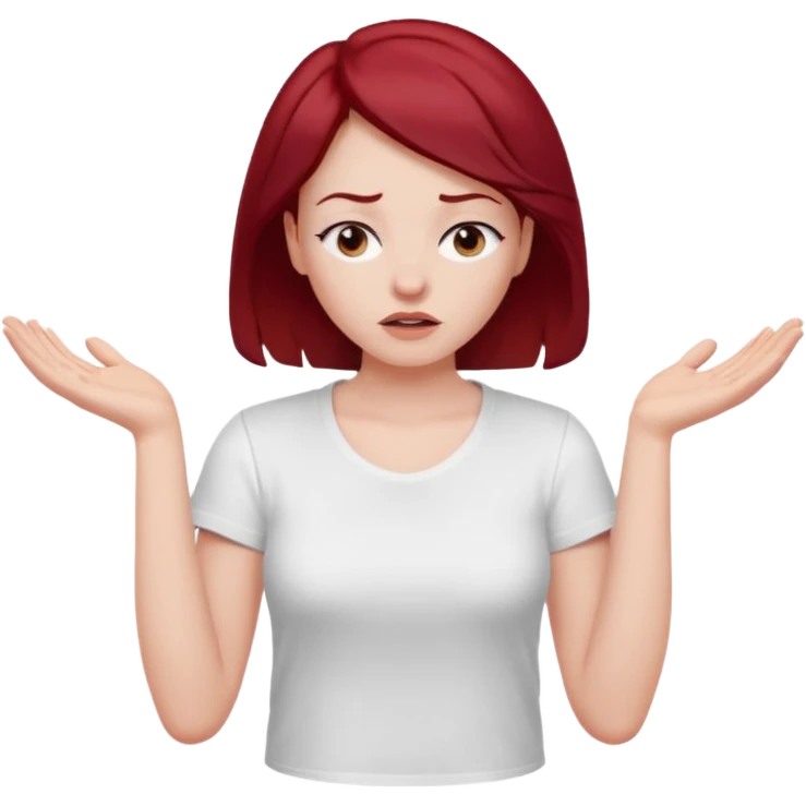 younger woman shrugging, eyes closed, white t-shirt, dark red hair emoji