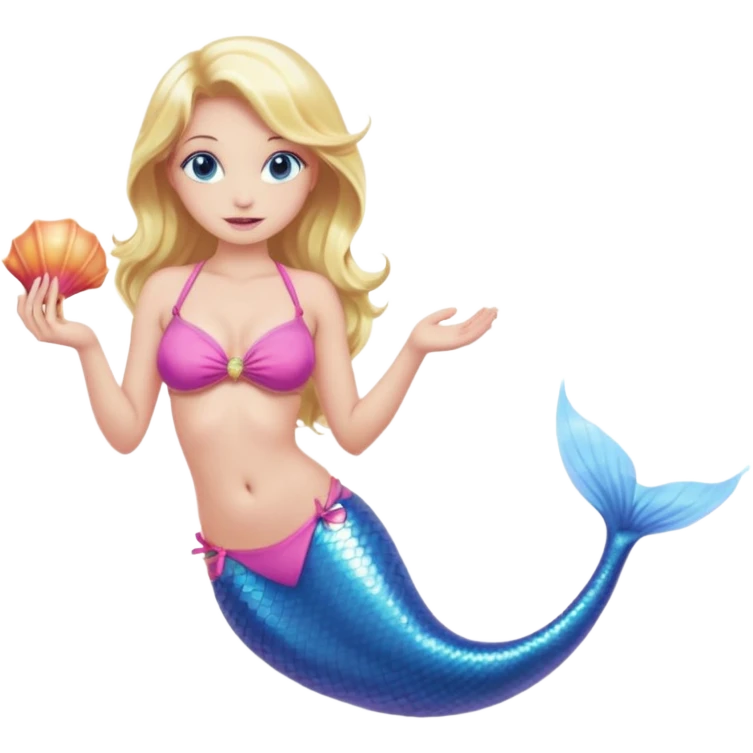 mermaid woman with blonde hair and blue eyes, a pink bikini top and an ALL pink tail holding a shell emoji