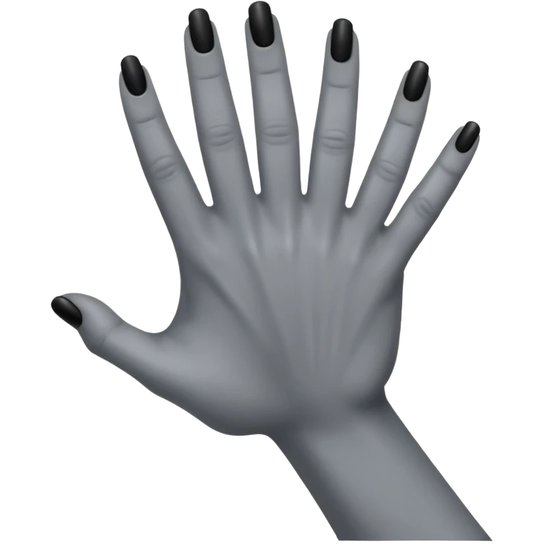 front angle view of a grey colored arm and 5-fingered hand reaching out, black finger nails behind emoji