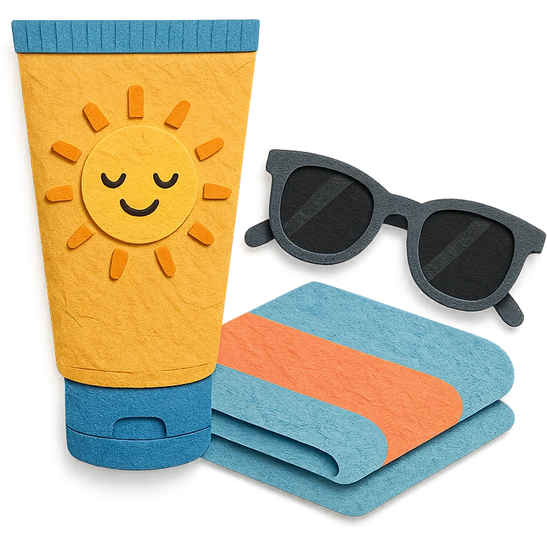 tube of sunscreen with a smiling sun, next to sunglasses and a towel, paper-craft style emoji