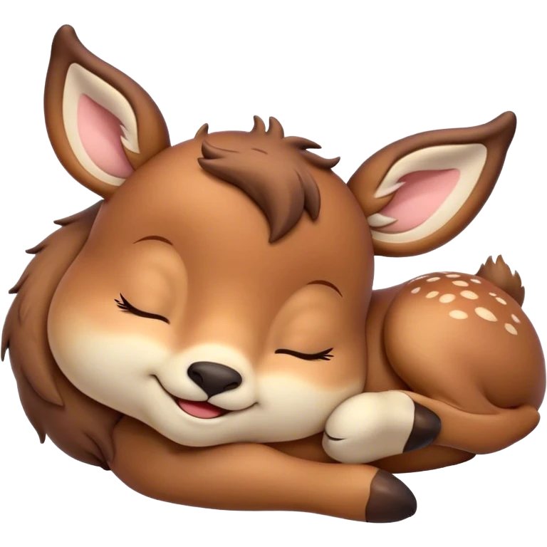 Meme-Worthy Cute Sleeping Deer Portrait Emoji, Head resting peacefully with a contented smile, showcasing a delicate, slender build and a luxuriously soft Fur, eyes shut in a serene, restful nap, Simplified yet hilariously adorable features, highly detailed, glowing with a soft, drowsy light, high shine, relaxed and utterly lovable, stylized with an air of playful laziness, bright and heartwarming, soft glowing outline, capturing the essence of a comically sleepy deer, so meme-worthy it feels like it could instantly become the next viral sensation of adorable woodland slumber! emoji