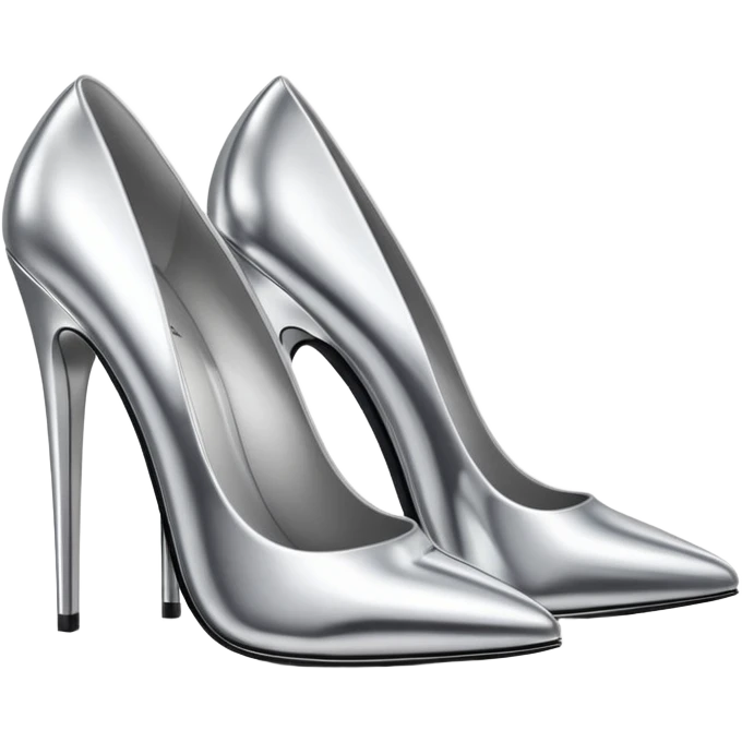 A pair of high heel shoes emoji made of polished silver chrome, elegant sharp silhouette, smooth metallic surface, glossy reflections, luxury sexy vibe, minimalistic iOS emoji style, centered, clean white background emoji