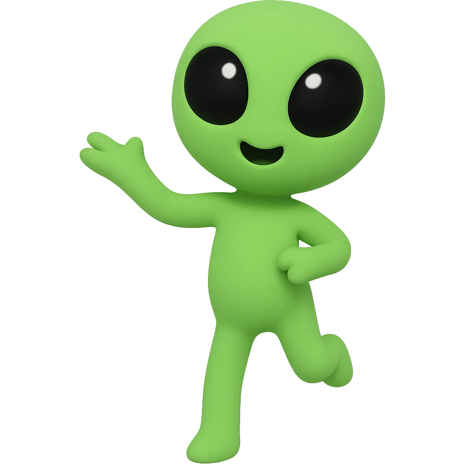 Create a neon green alien dancing, almost identical to the reference image, with minimal changes in the positions of arms and legs, looking straight ahead. This is frame 16 of the animation. PNG with transparent background. emoji