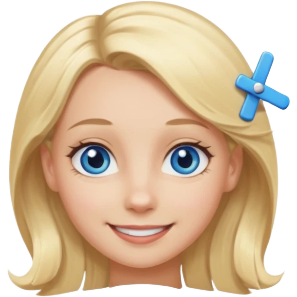 blonde girl, blue eyes with clips in hair and big forehead emoji