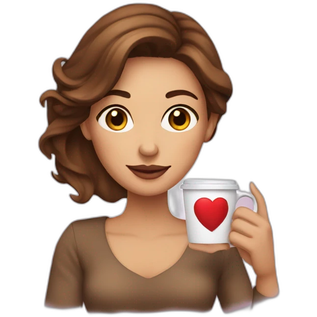 a woman with brown medium length hair parted on side holding a coffee cup with a heart  emoji