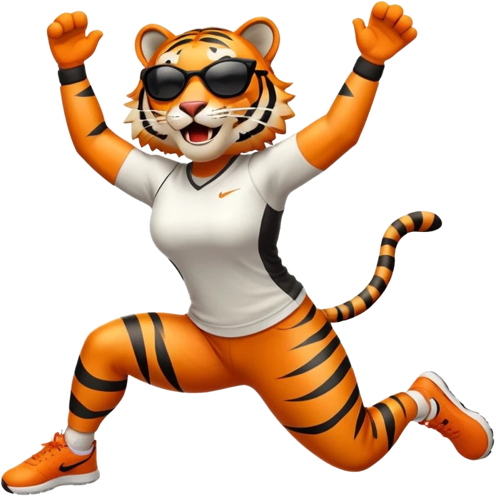 female energetic anthropomorphised tiger in sports clothes, wearing dark sunglasses, jumping with excitement, arms raised emoji