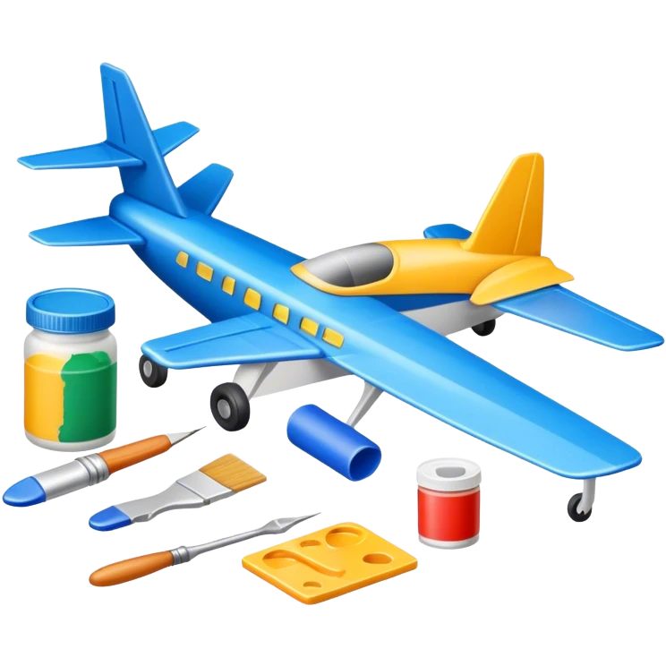 photorealistic icon featuring model-building tools like glue, paint, paintbrushes, pieces of a plastic model airplane in the process of being assembled. The design includes detailed textures of the model pieces and tools, capturing the focus and creativity of model building. Transparent background. emoji