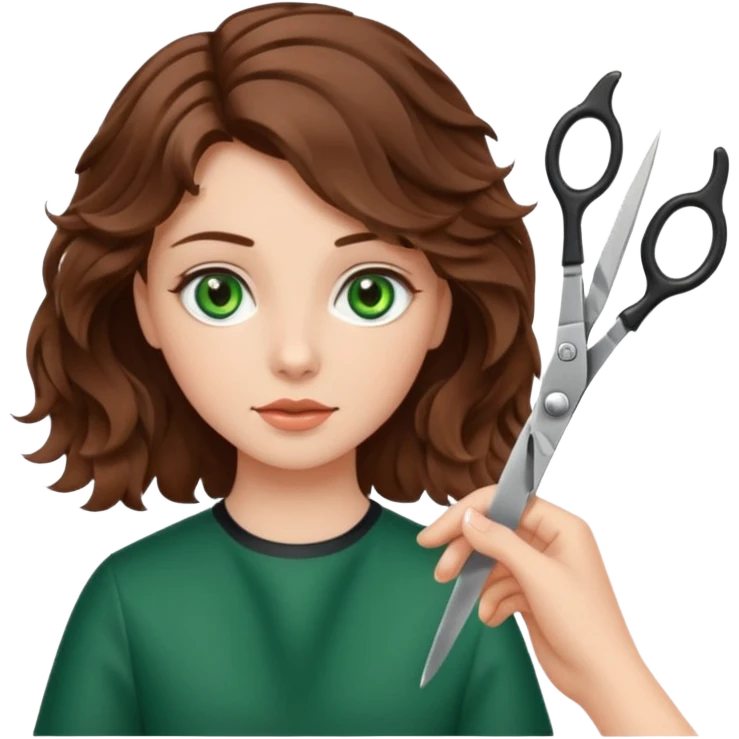 Girl with green eyes and brown wavy hair getting haircut with scissors emoji