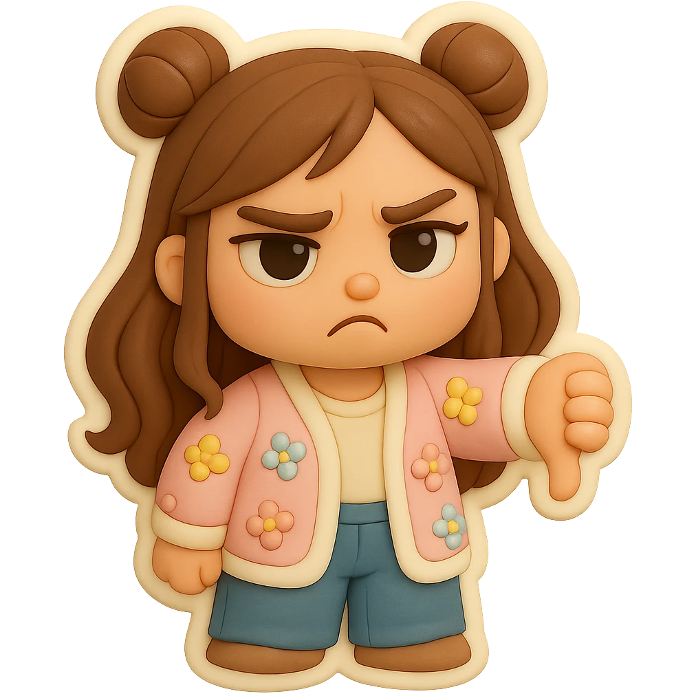 3D chibi fondant cake art style, high-quality rendering with smooth shadows and soft gradients. Girl based on reference image with preserved facial features and eye shape, long brown hair in two space buns, brown eyes, jeans, pastel floral cardigan, thick white outline like a sticker. Thumbs down, disappointed expression. Transparent background. Ensure the face, hairstyle, and eye shape match the reference exactly. emoji
